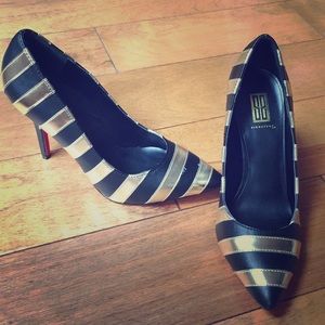 Black and gold striped stilettos, size 7.5